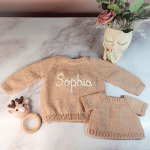 Handmade Personalized "Bear and Me" Sweater Set in Blush, Size 6-12 Mo